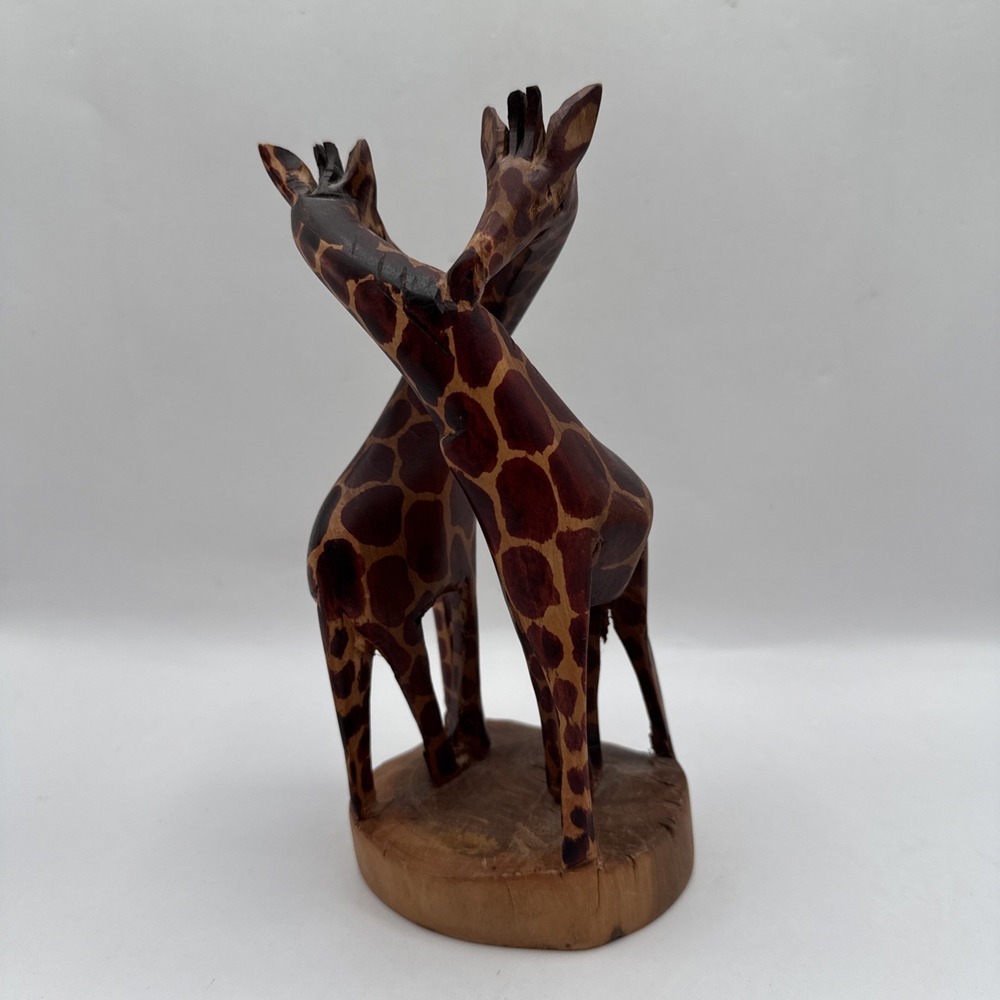 Hand Carved Wood Intertwined Giraffes Decor‎ African Animals Figure Art Piece